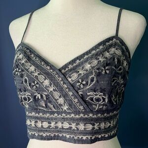 American Eagle Outfitters bralette cropped top, embroidered chambray, smock back